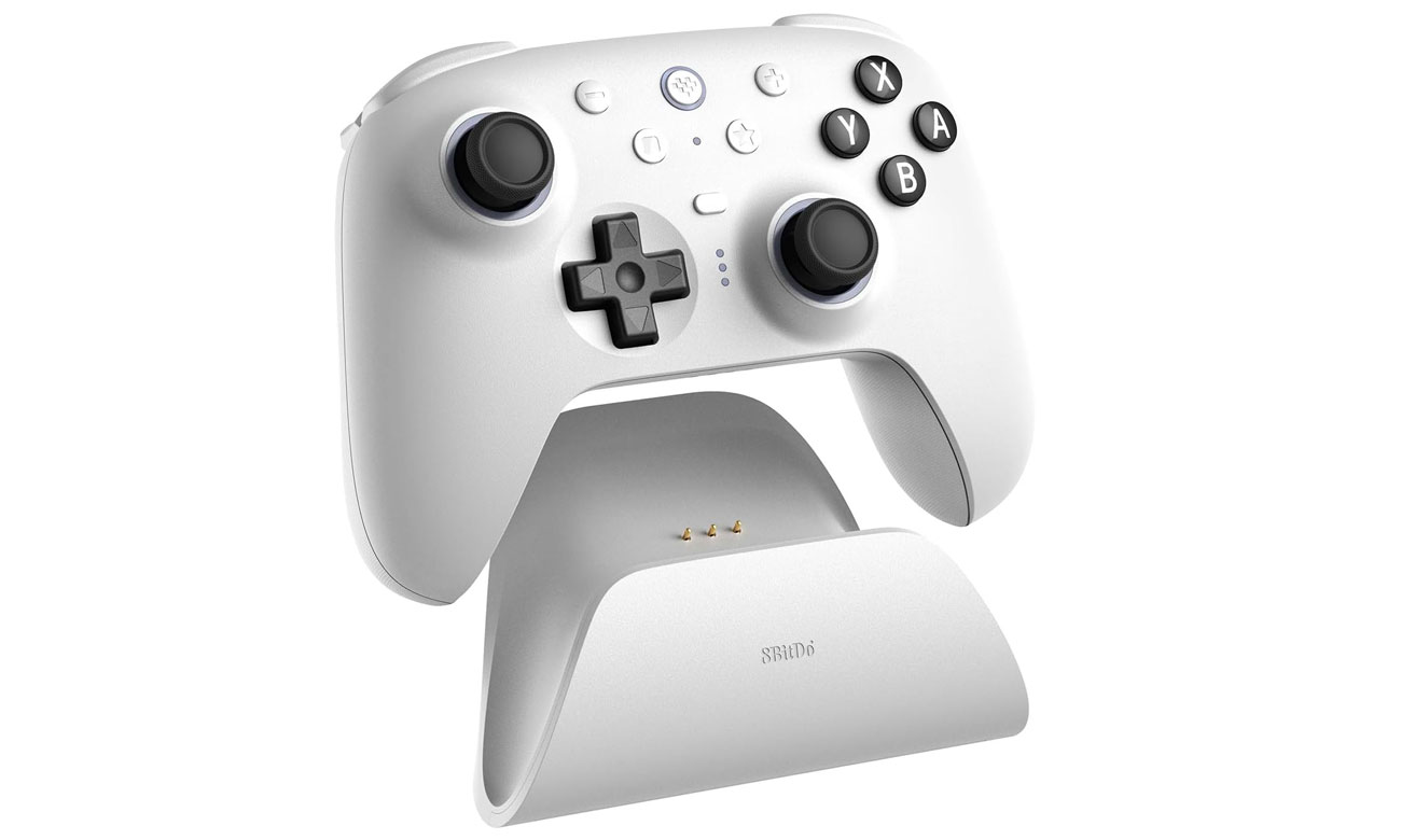8BitDo Ultimate 2 Wireless BT Controller Weiß - Gesamtansicht mit Ladestation