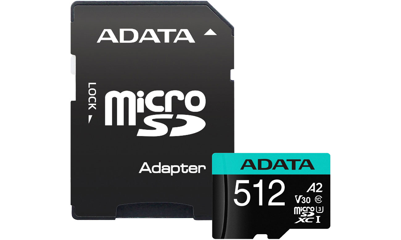 Karta pamięci microSD ADATA 512GB Premier Pro U3 V30S A2 + adapter AUSDX512GUI3V30SA2-RA1
