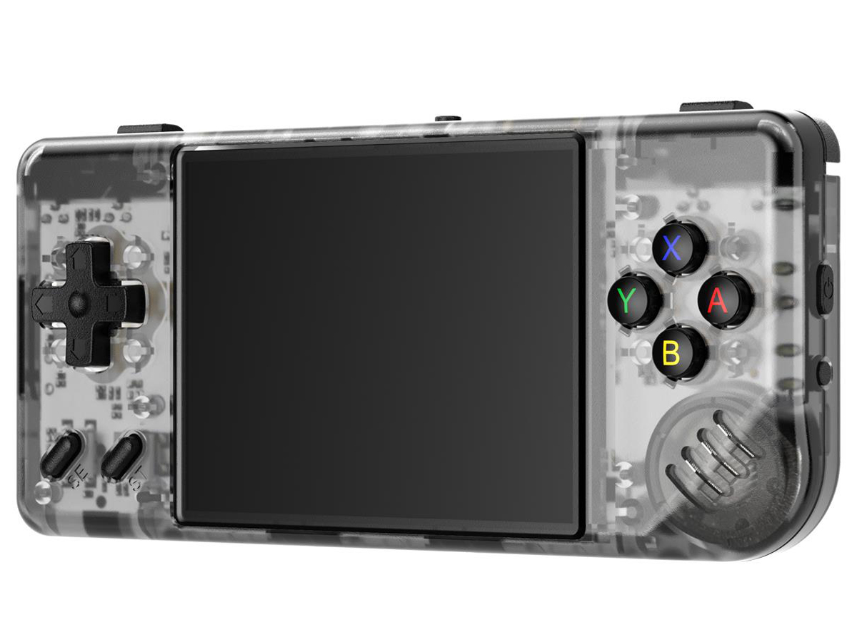 Tragbare Konsole Anbernic RG28XX Schwarz Transparent - Ansicht von vorne im Winkel