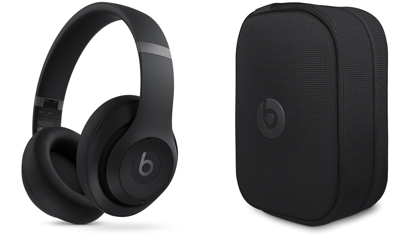 Słuchawki bezprzewodowe Apple Beats Studio Pro Czarne - Widok od przodu pod kątem wraz z etui