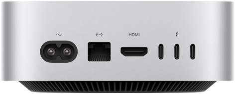 Rückansicht des Mac mini in Silber mit den rückseitig platzierten Anschlüssen: ein HDMI-Port, ein Ethernet-Port und drei Thunderbolt-Ports