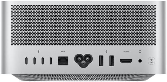 Widok z tyłu na Maca Studio z czterema portami Thunderbolt 4, jednym portem Ethernet 10 Gb, jednym gniazdem zasilania, dwoma portami USB-A, jednym portem HDMI, jednym gniazdem słuchawkowym 3,5 mm i przyciskiem zasilania