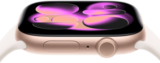 Apple Watch Series 11 mit Aluminiumgehäuse in Roségold und Sportarmband in zartem Rosa, Zifferblatt Lava, rechte Gehäuseseite: Digital Crown, Mikrofon, Seitentaste