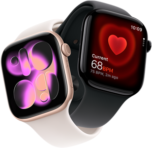 Apple Watch Series 11 mit Aluminiumgehäuse in Roségold mit Sportarmband in zartem Rosa, Zifferblatt Lava, rechte Gehäuseseite: Digital Crown, Mikrofon, Seitentaste; Apple Watch Series 11 mit Aluminiumgehäuse in Onyx mit schwarzem Sportarmband, App Herzfrequenz zeigt die aktuelle Herzfrequenz, rechte Gehäuseseite: Digital Crown