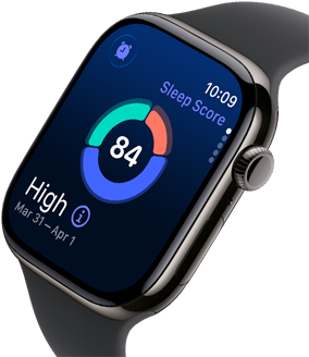 Nahaufnahme der Apple Watch Series 11 mit Titangehäuse in Schiefer, Schlafwert auf dem Display