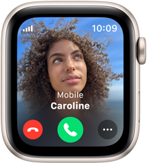 Apple Watch SE pokazujący połączenie przychodzące wraz ze zdjęciem oraz nazwą osoby dzwoniącej.