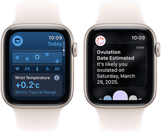Zwei Apple Watch SE 3 mit Aluminiumgehäusen in Mondschein zeigen auf dem Display die App Vitalparameter