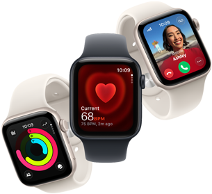 Drei Apple Watch SE 3 Geräte, die nebeneinander schweben