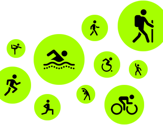Animierte Symbole für verschiedene Trainingsarten: Laufen, Schwimmen, Rollstuhl, Wandern, Radfahren, Ausfallschritte, Tanzen, Dehnen und Yoga