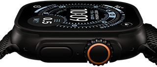 Apple Watch Ultra 3 mit Titangehäuse in Schwarz; Seitenansicht, Kompass auf dem Zifferblatt Orienteering, Aktionstaste und Digital Crown.