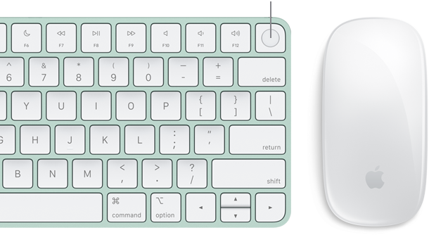 Zbliżenie na pokazaną z góry klawiaturę Magic Keyboard z Touch ID, obok widać mysz Magic Mouse.