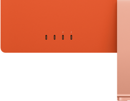 Zbliżenie na tył iMaca, widać 2 porty Thunderbolt / USB 4 i 2 porty USB 3 w lewym dolnym rogu.