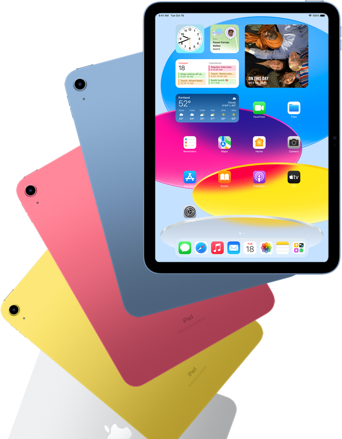 Vorderansicht eines iPads mit Startbildschirm und dahinter blau, pink, gelb und silber eingefärbten Geräten.
