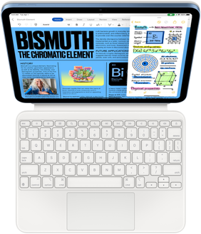 iPad ist mit Magic Keyboard Folio verbunden, auf dem Bildschirm siehst du die Apps Pages und Notizen im Slide-Over-Modus