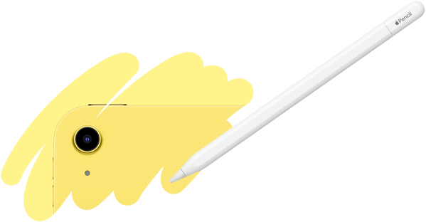 Aus einem unregelmäßigen Muster, das mit dem Apple Pencil gemalt wurde, erscheint die Rückkamera des iPad