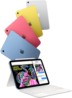 iPads in den Farben Blau, Pink, Gelb und Silber sowie ein iPad, das mit Magic Keyboard Folio und Apple Pencil verbunden ist