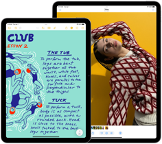 Leżące obok siebie modele iPada 11 cali i 13 cali prezentujące wyświetlacz Liquid Retina