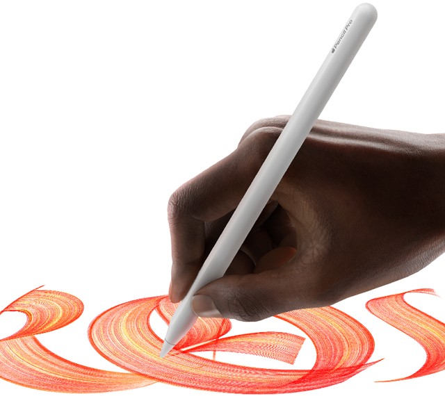 Dłoń trzymająca Apple Pencil Pro, którym tworzy urozmaicone wielobarwne grafiki