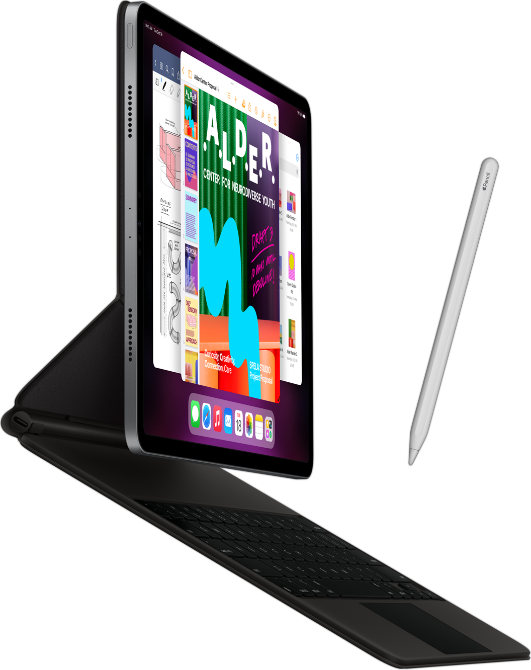 Seitlich gesehenes iPad Pro mit Smart Keyboard Folio und Apple Pencil.