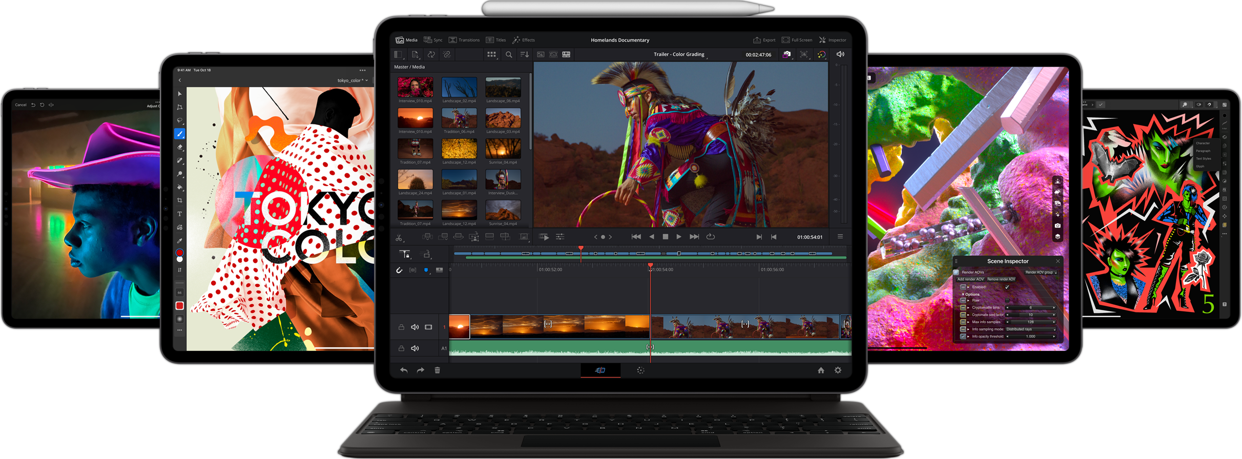 Vorderansicht des iPad Pro mit angebrachtem Smart Keyboard Folio und Apple Pencil. Auf dem Display ist die App Resolve für iPad zu sehen. Im Hintergrund sind weitere iPad Geräte sichtbar.