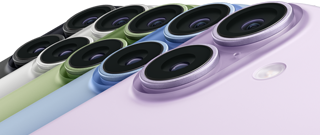 iPhone 17, Rückseite, Dual-Kamera-System Fusion, Modelle in fünf Farben: Schwarz, Weiß, Salbei, Taube und Lavendel, überlappend