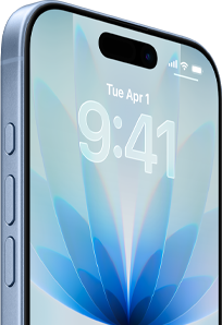 iPhone 17, Vorderseite, Farbe Taube, Dynamic Island in der Mitte, Tasten: Aktionstaste, Lautstärke