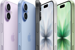 iPhone 17, Vorderseite, Rückseite und Seite des Geräts in fünf Farben: Lavendel, Taube, Schwarz, Weiß und Salbei
