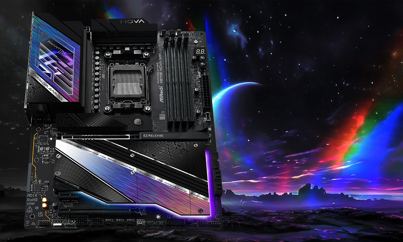 ASRock X870E Nova WiFi - Gesamtansicht, Grafik mit Hintergrund