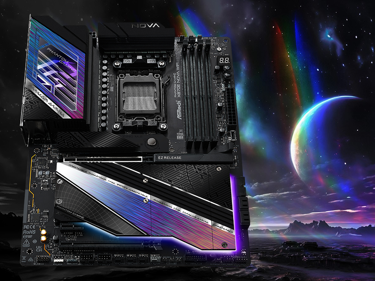 ASRock X870E Nova WiFi - Gesamtansicht, Grafik mit Hintergrund