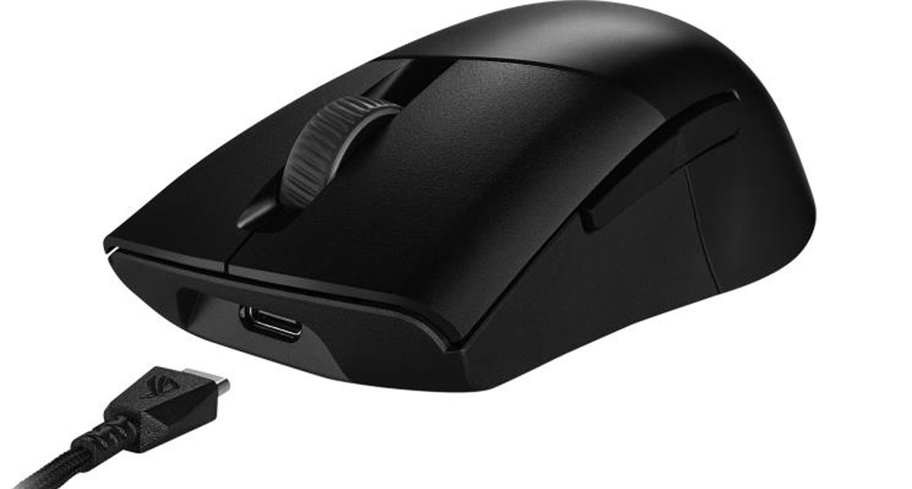 ASUS ROG Keris Wireless AimPoint widok z przodu pod kątem, kabel USB-C