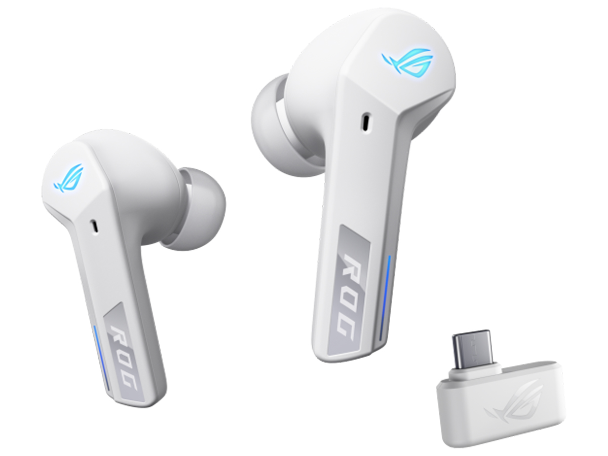 ASUS ROG Cetra True Wireless SpeedNova Weiß - Ansicht der linken und rechten Kopfhörer mit Adapter