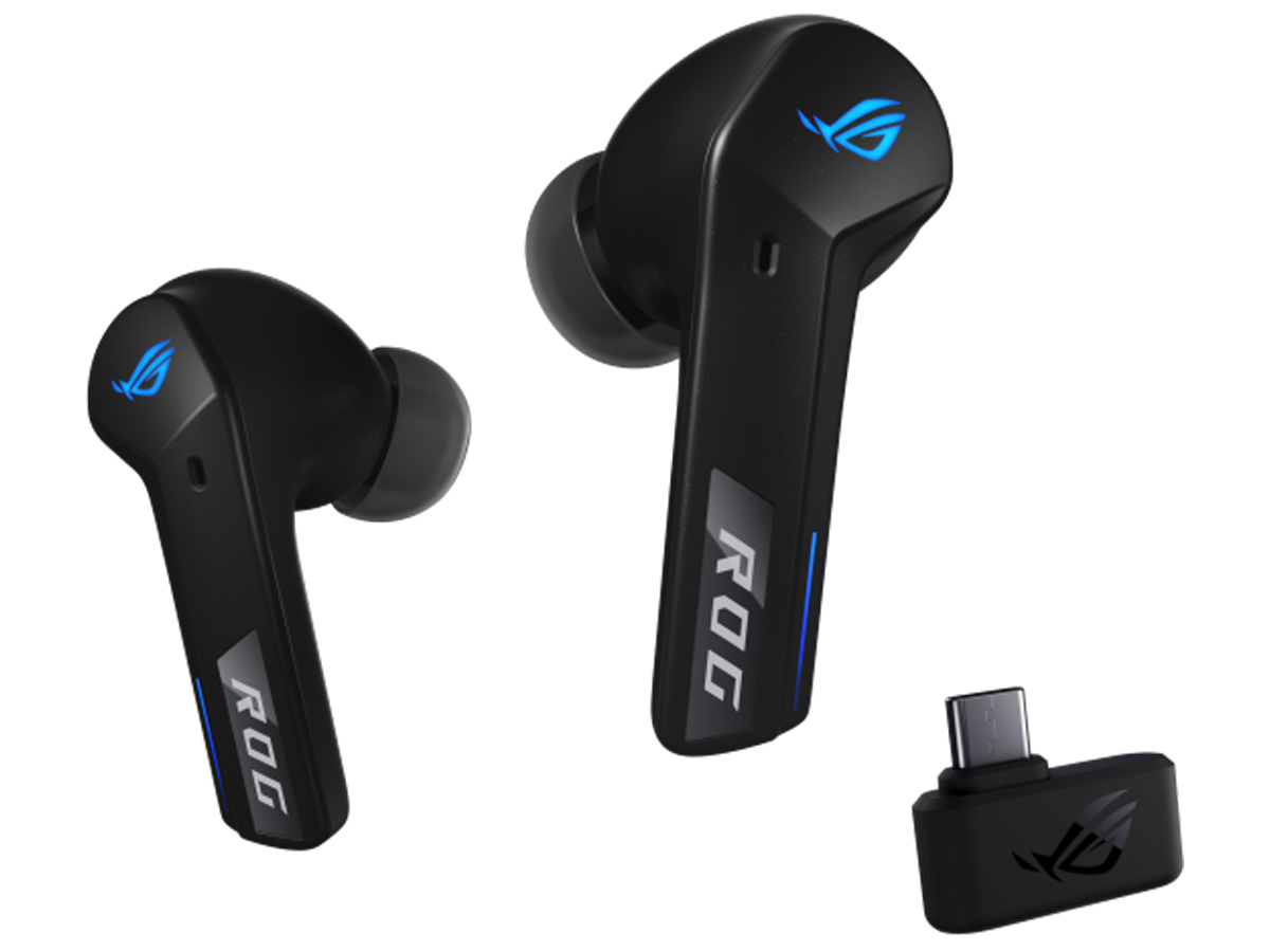 ASUS ROG Cetra True Wireless SpeedNova Kopfhörer Schwarz - Ansicht der linken und rechten Kopfhörer mit Adapter
