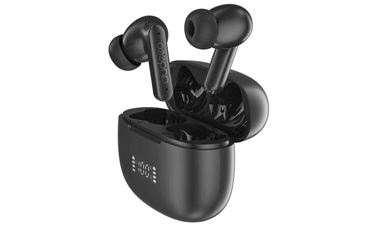 Drahtlose Kopfhörer Audeeo Navigator Schwarz - Ansicht von vorne im Winkel mit offenem Ladeetui