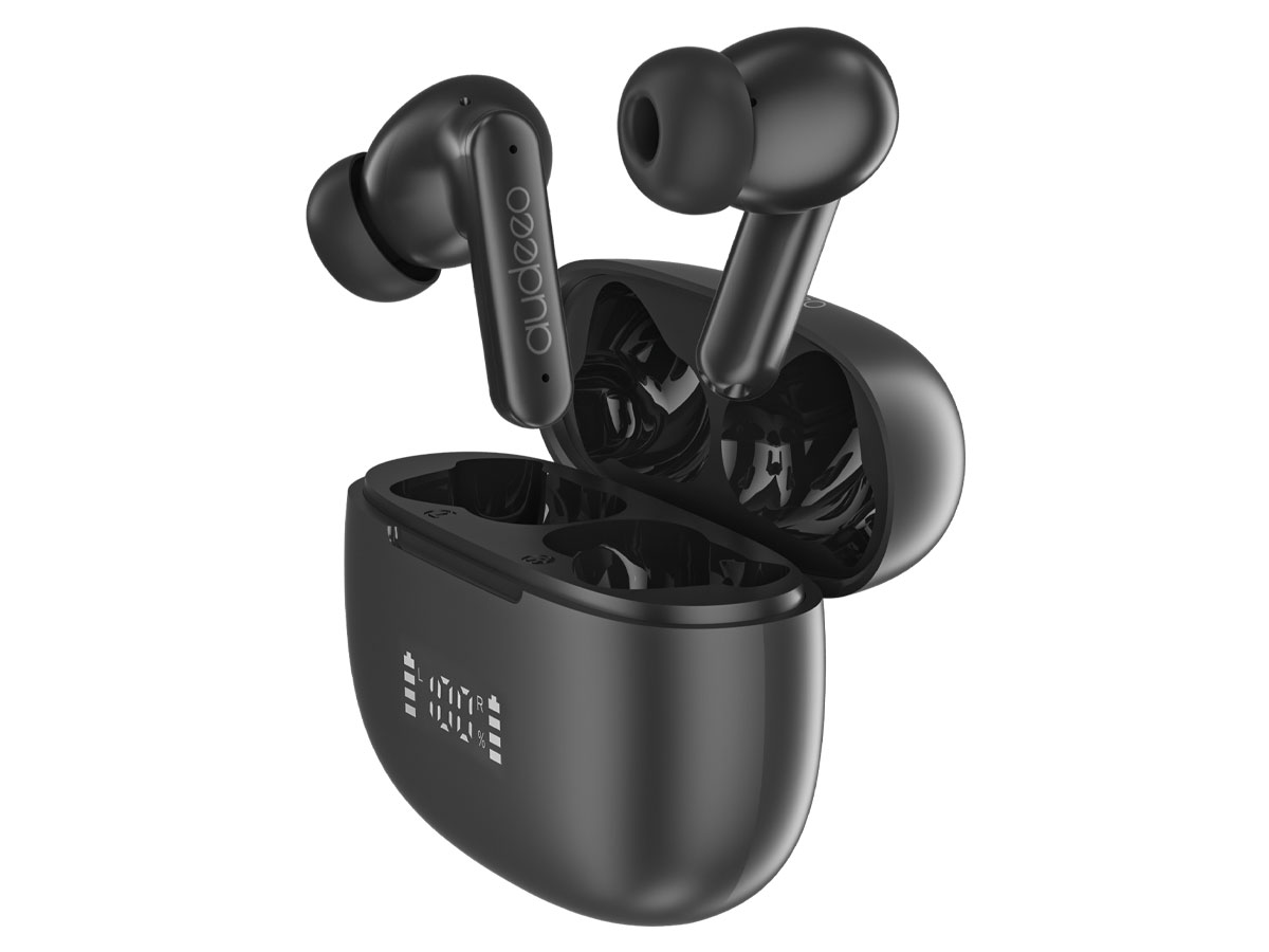 Drahtlose Kopfhörer Audeeo Navigator Schwarz - Ansicht von vorne im Winkel mit offenem Ladeetui
