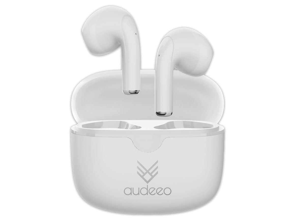 Drahtlose Kopfhörer Audeeo Orbiter Weiß - Gesamtansicht mit geöffnetem Ladeetui