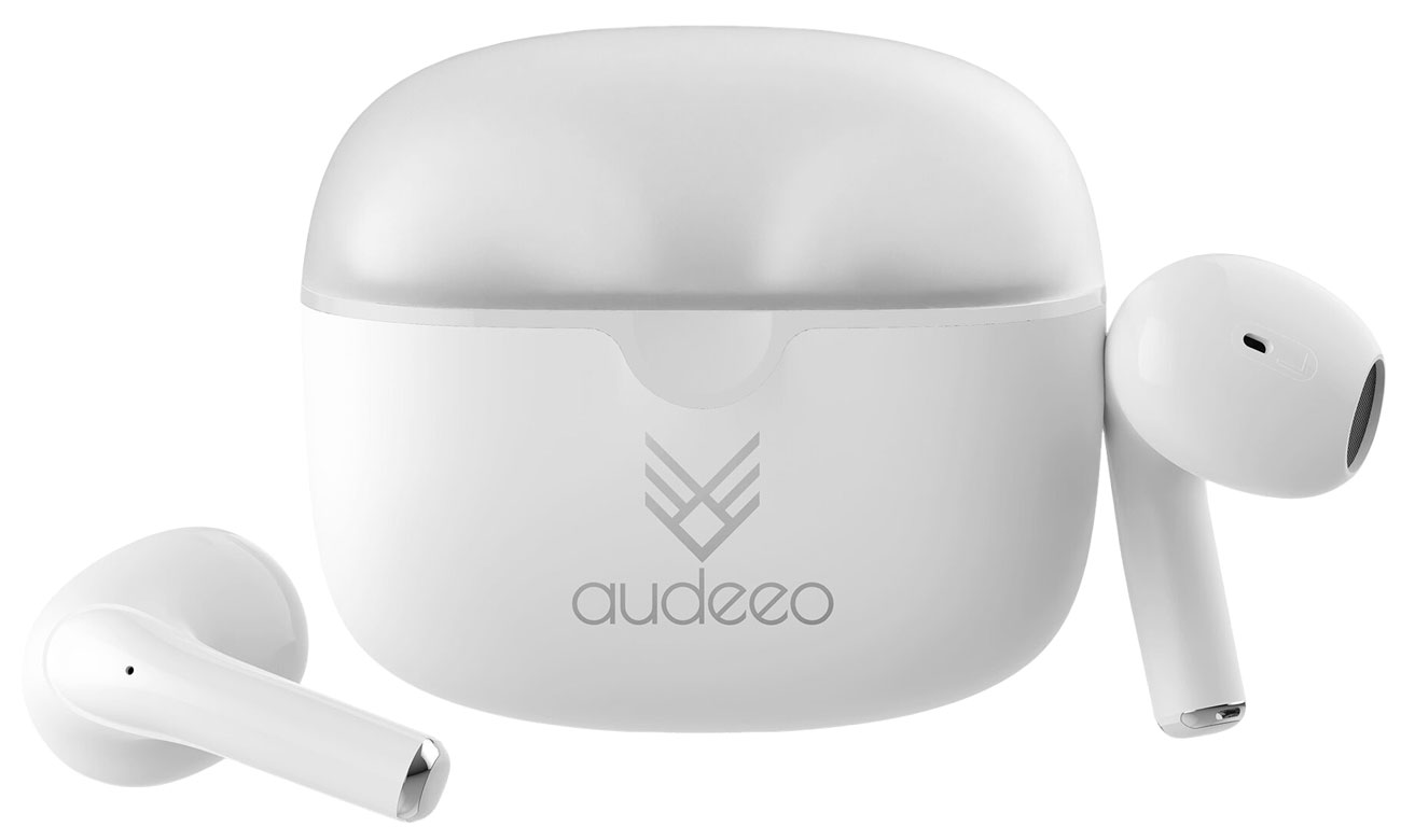 Drahtlose Kopfhörer Audeeo Orbiter Weiß - Gesamtansicht mit geschlossenem Ladeetui