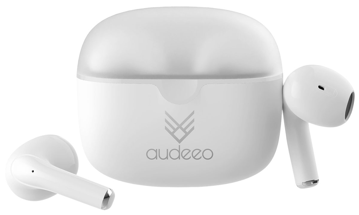 Drahtlose Kopfhörer Audeeo Orbiter Weiß - Gesamtansicht mit geschlossenem Ladeetui