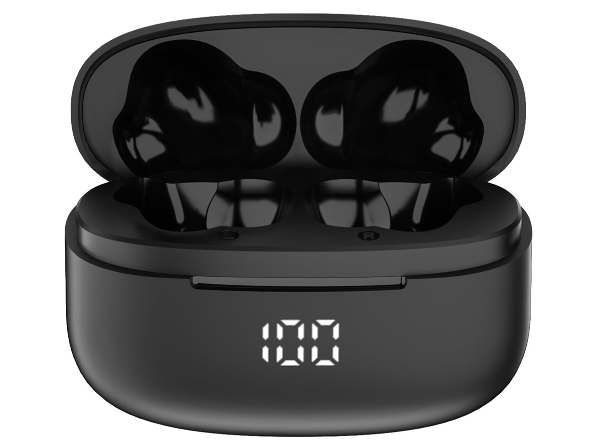 Drahtlose Kopfhörer Audeeo TWS LED Schwarz - Frontansicht mit geöffnetem Ladeetui