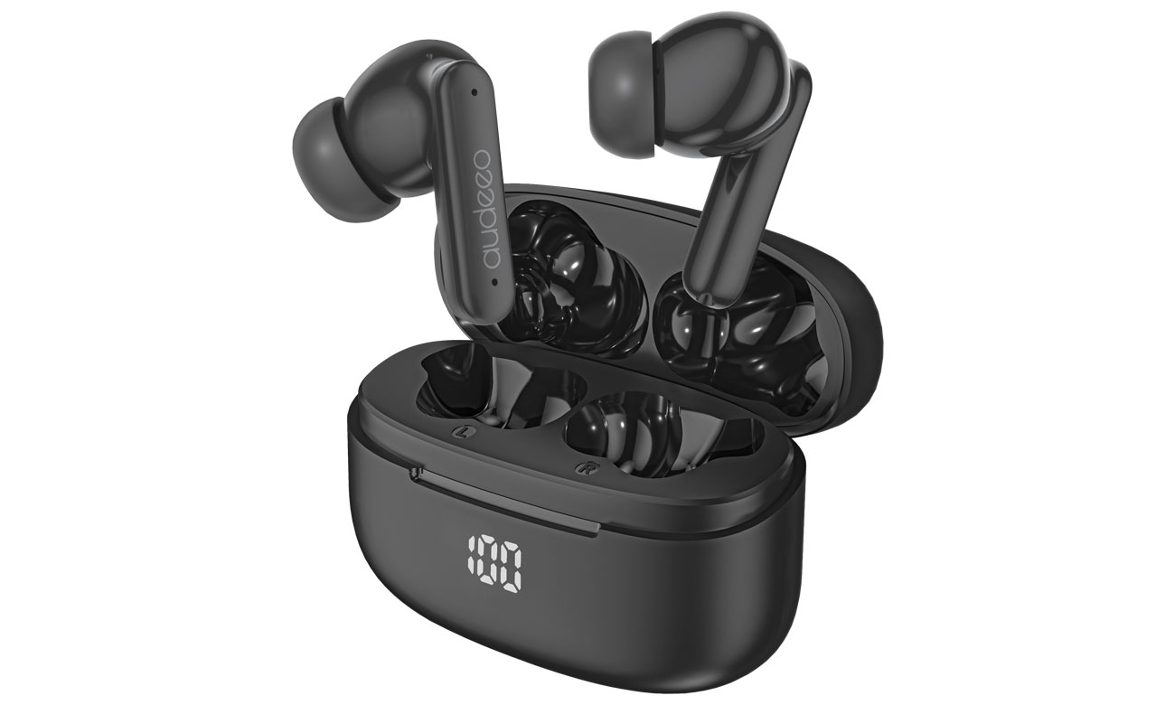 Drahtlose Kopfhörer Audeeo TWS LED Schwarz - Frontansicht mit geöffnetem Ladeetui