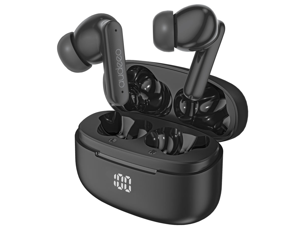 Drahtlose Kopfhörer Audeeo TWS LED Schwarz - Frontansicht mit geöffnetem Ladeetui