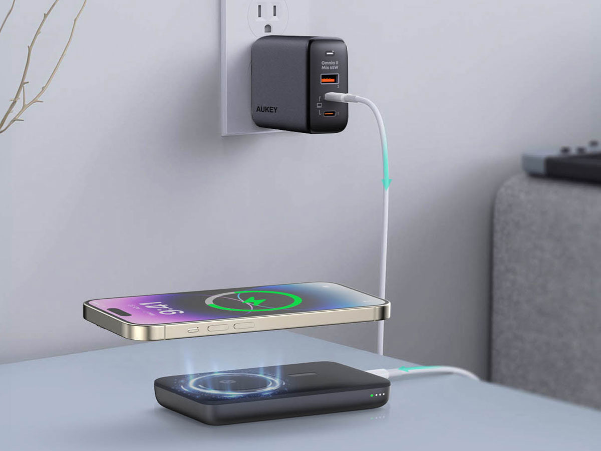 Aukey Powerbank magnetyczny 6700 mAh, 15/20W, stojący, szary