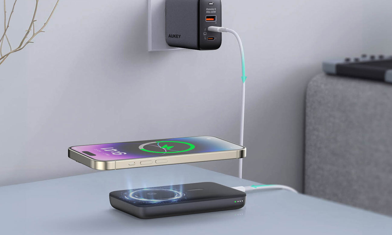 Aukey Powerbank magnetyczny 6700 mAh, 15/20W, stojący, szary