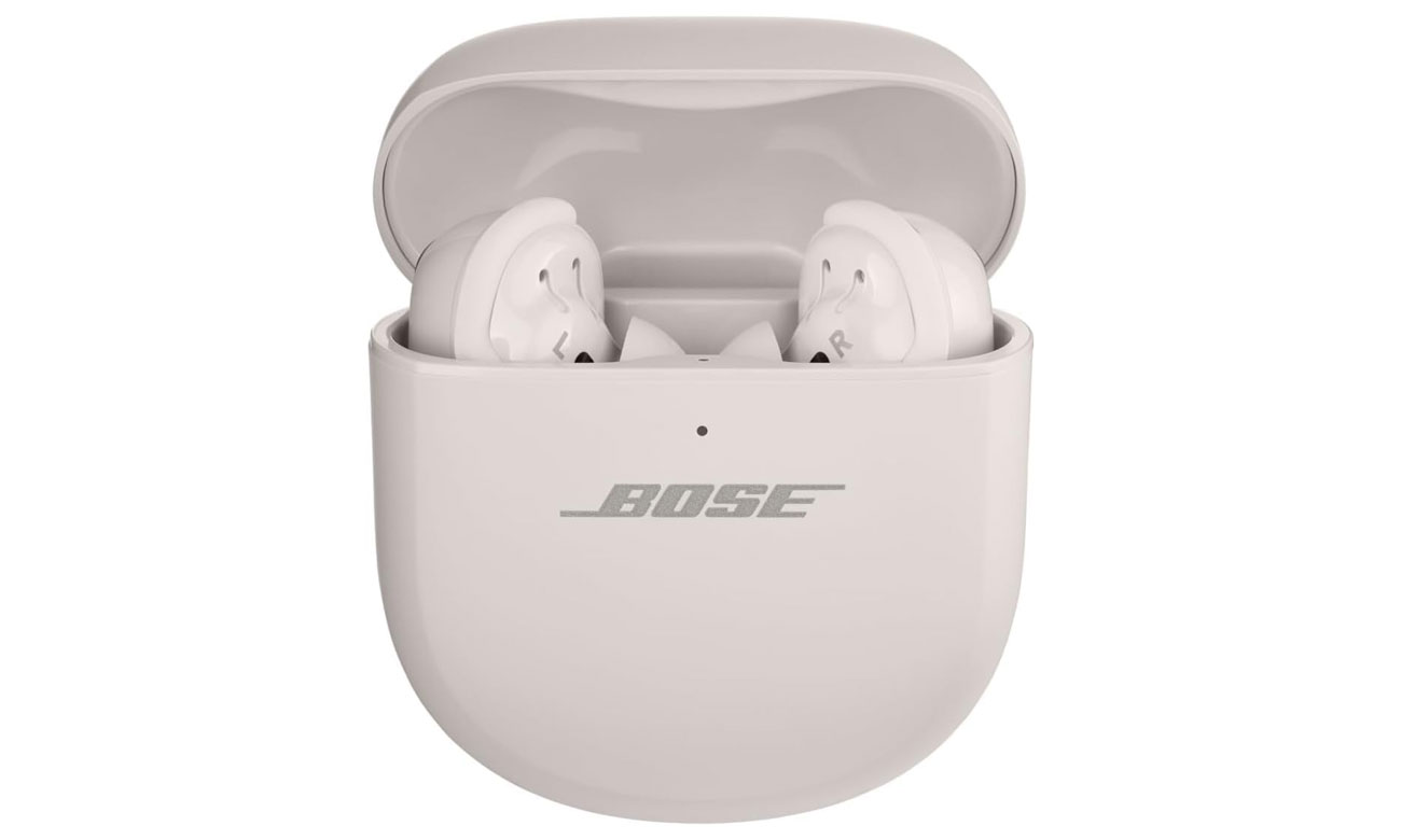 Drahtlose Bose QuietComfort Ultra Earbuds Weiß - Ansicht von vorne mit offenem Ladeetui