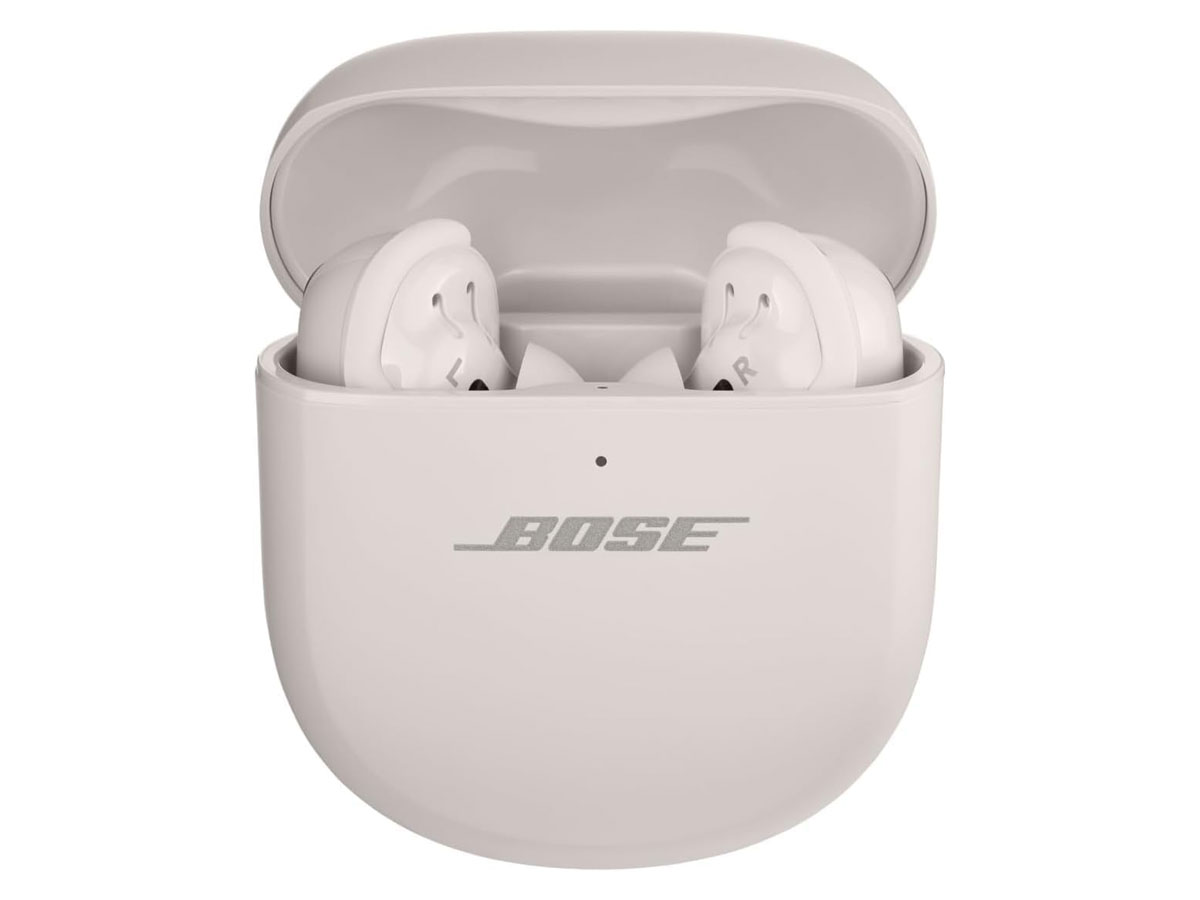 Drahtlose Bose QuietComfort Ultra Earbuds Weiß - Ansicht von vorne mit offenem Ladeetui