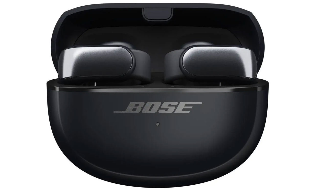 Drahtlose Bose Ultra Open Kopfhörer Schwarz - Ansicht von vorne mit offenem Ladeetui