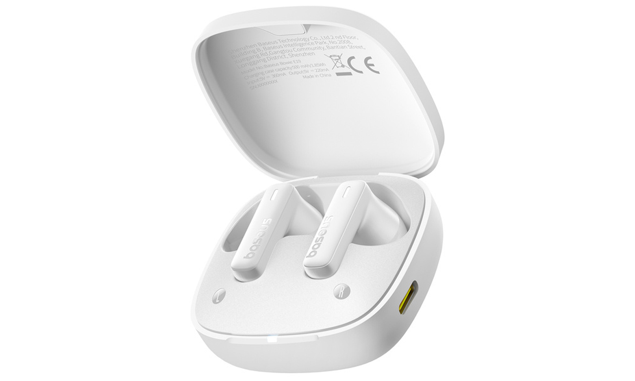 Baseus Bowie E19 Kabellose Kopfhörer Weiß - Frontansicht im Winkel mit geöffnetem Ladeetui