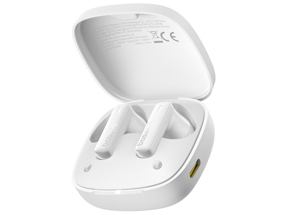 Baseus Bowie E19 Kabellose Kopfhörer Weiß - Frontansicht im Winkel mit geöffnetem Ladeetui