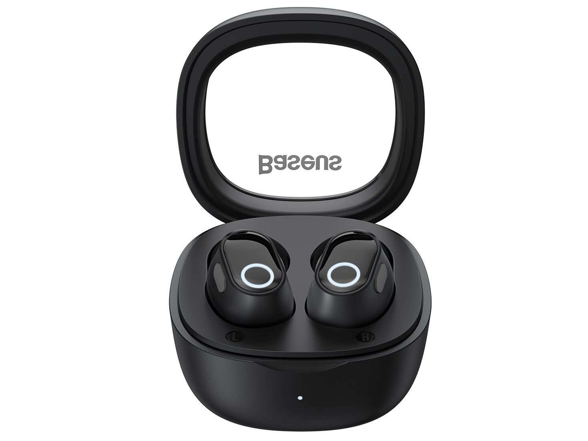 Baseus Bowie WM02 Kabellose Kopfhörer Schwarz - Ansicht von vorne mit geöffnetem Ladeetui
