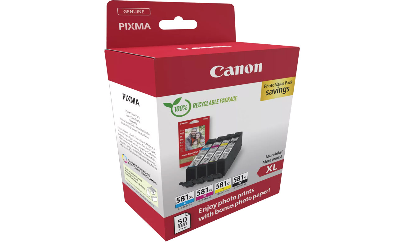 Set von 4 CLI-581XL CMYK Tinten + 50 Blatt Papier