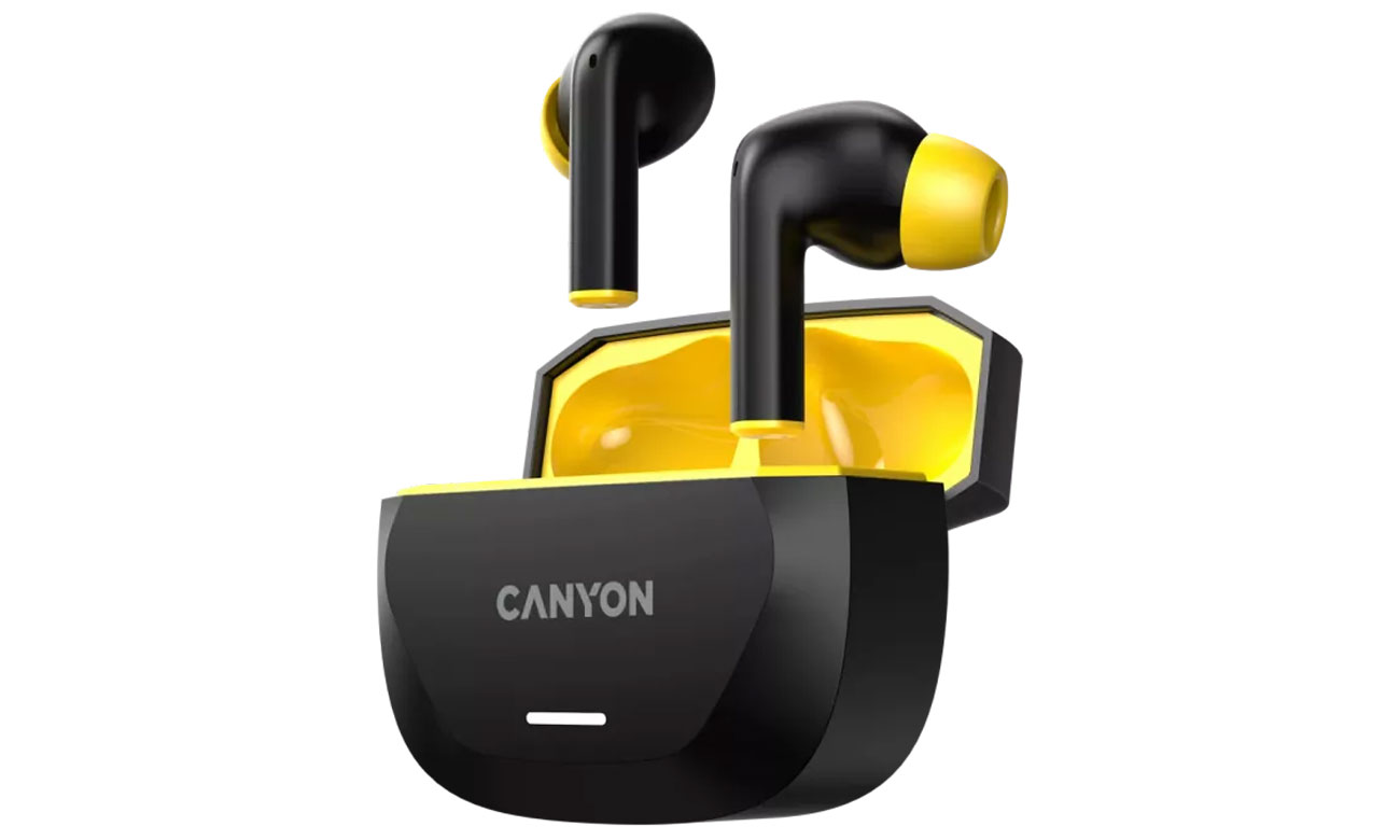 Drahtlose Kopfhörer CANYON HEXAGON 7 Schwarz-Gelb - Ansicht von vorne im Winkel mit offenem Ladeetui